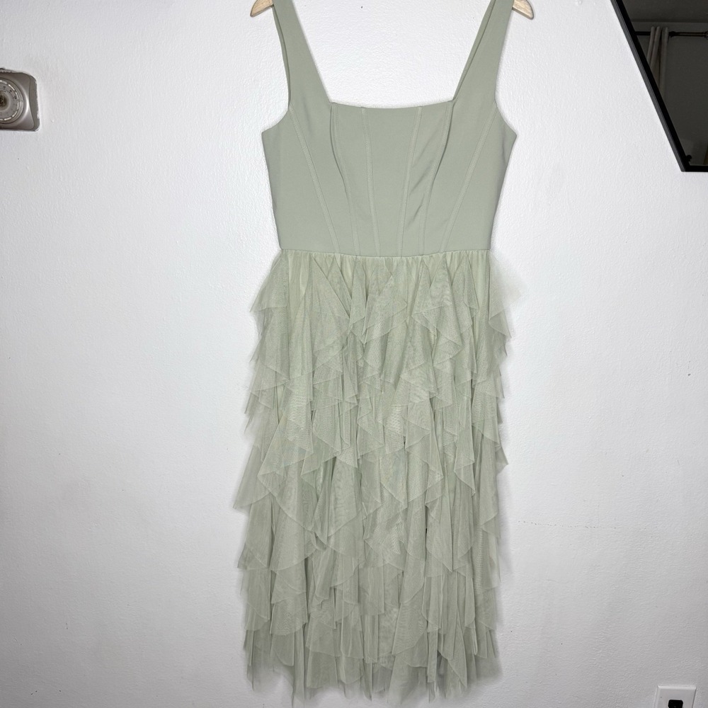 BHLDN Talia Square Neck Corset‎ Tulle Sage Green Midi Dress Women's Medium